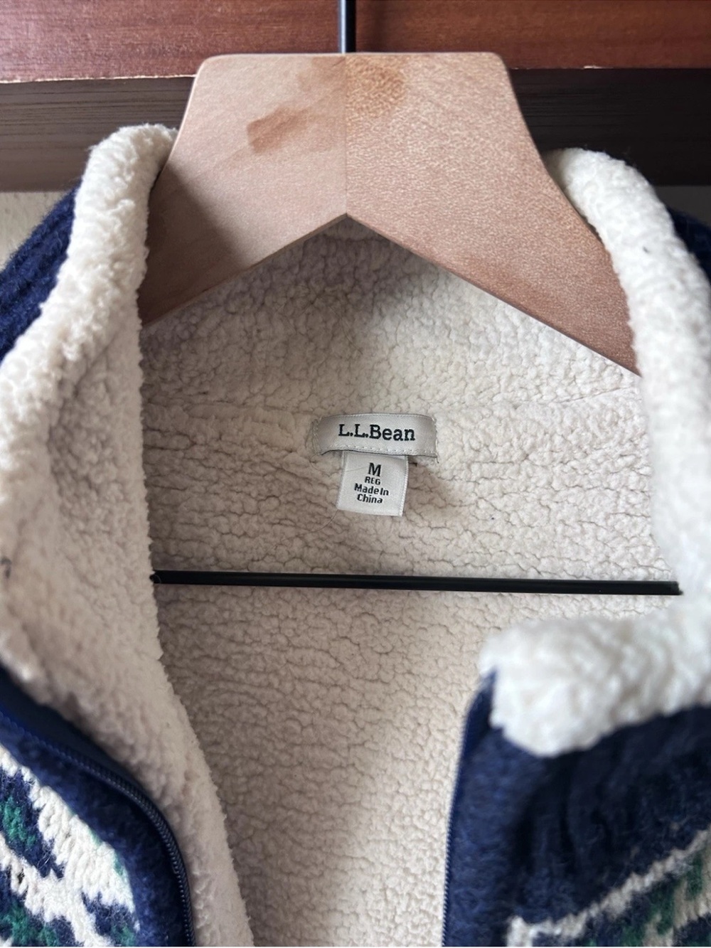 Lambswool L.L. Bean Navy Fair Isle Sherpa-Lined Zip Jacket M Wool Norway - Picture 2 of 7